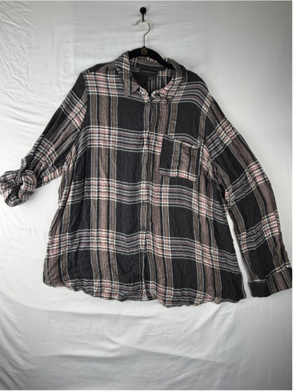 Lane Bryant Grey Pink Plaid Button Up Shirt Roll Tab Sleeve Oversized 18/20